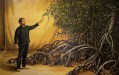 Recipient of TCL Kevin Taylor Legacy program, Chris Bassi, 'Meeting the mangrove: self portrait'. An oil painting of a man dressed in black holding up his hand to a tree set against a yellow indoor backdrop.